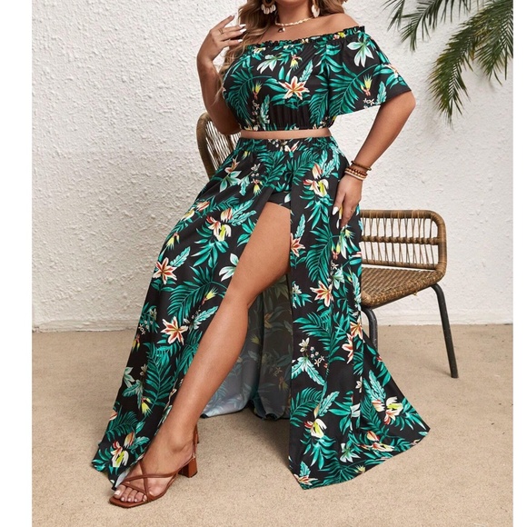 Plus Floral Tropical Print Off Shoulder Crop Top Maxi Skirt Set - Picture 2 of 8